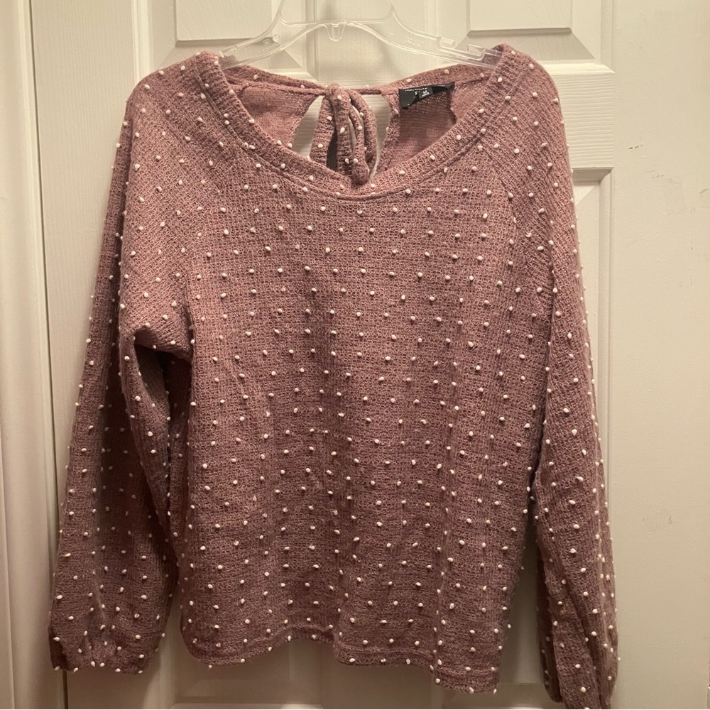 Flower And Feather Purple White 3D Polka Dot Sweater‎ Tie Keyhole Back Size M